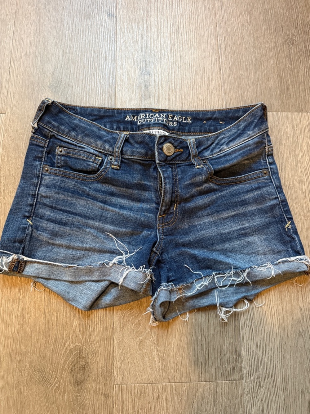 American Eagle Outfitters Dark Blue Frayed Hem Denim Shorts